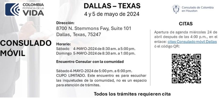 El Consulado de Colombia en Houston realizará un Consulado Móvil en Dallas los días 4 y 5 de mayo de 2024