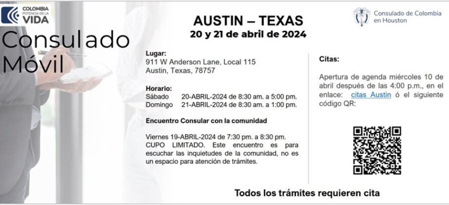 Consulado Móvil y encuentro Consular se realizarán en Austin – Texas del 19 al 21 de abril de 2024 