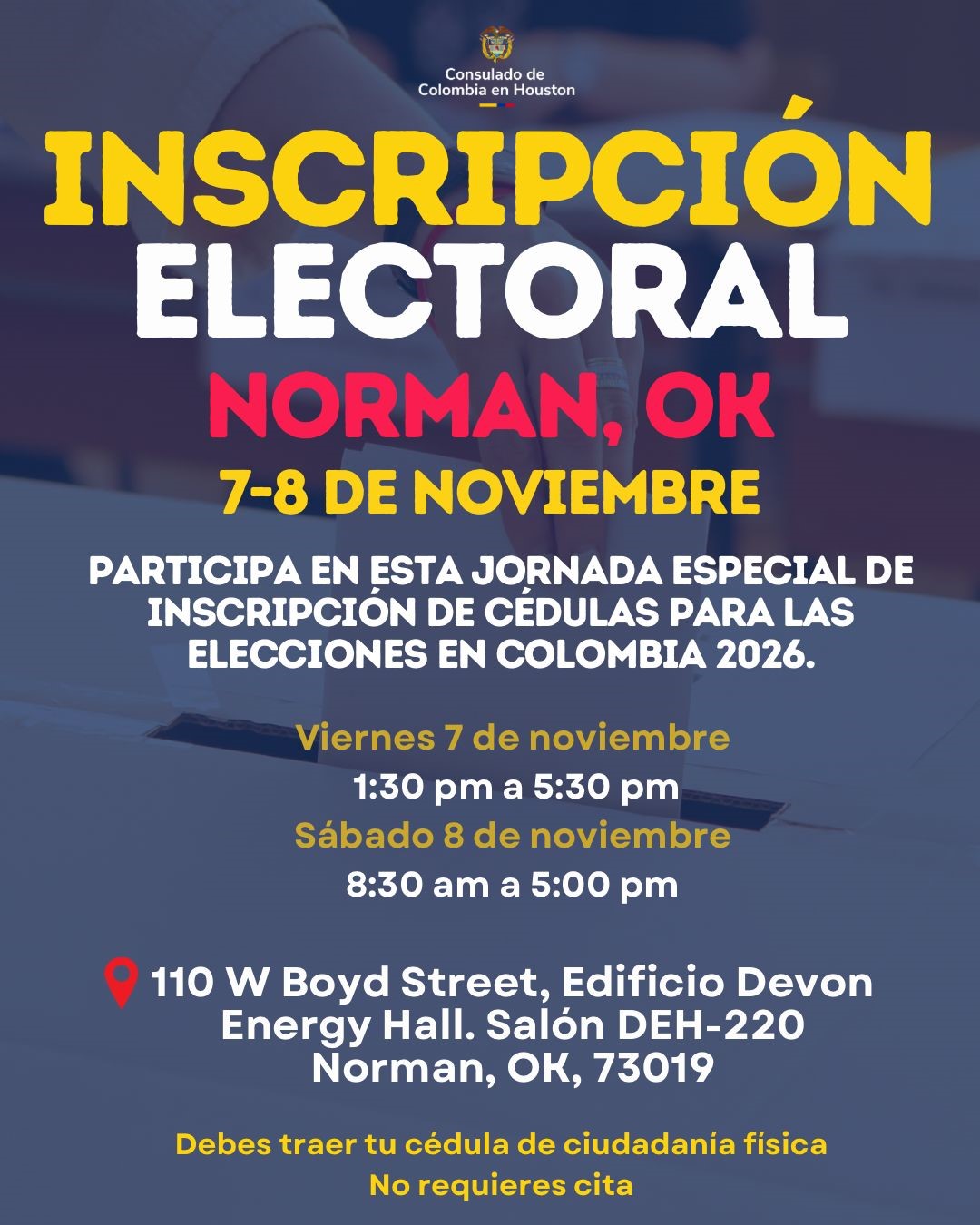 Inscripción electoral Oklahoma 7 y 8 de noviembre