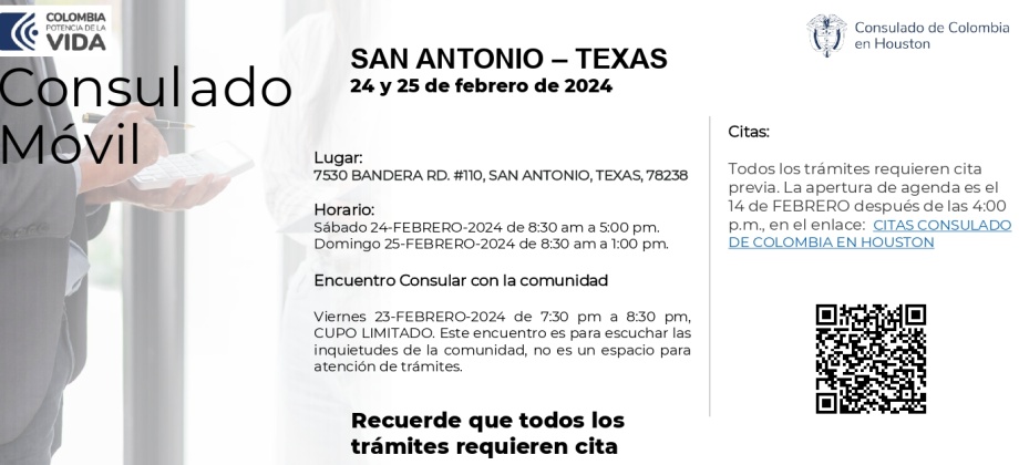 Encuentro con la comunidad y Consulado Movil se realizará del 23 al 25 de febrero de 2024 en San Antonio