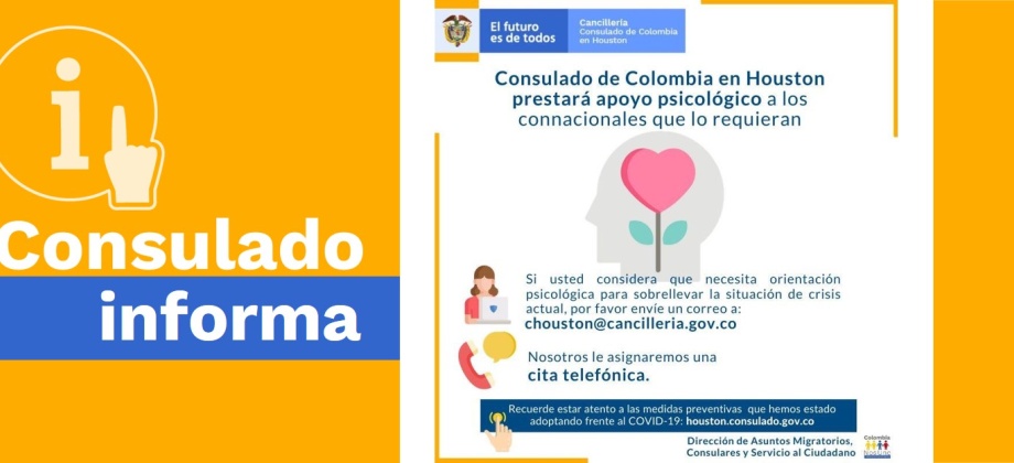 Consulado de Colombia en Houston prestará apoyo psicológico a los connacionales afectados por la crisis del COVID-19