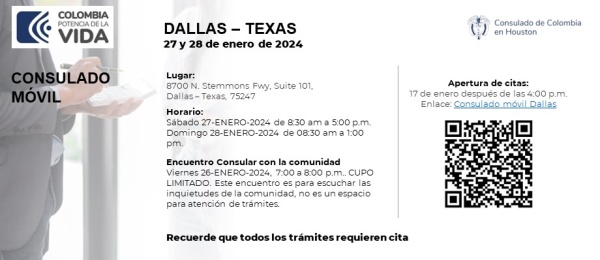 Participa en el Consulado Móvil a realizarse en Dallas – Texas el 27 y 28 de enero de 2024 