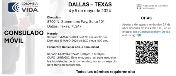 El Consulado de Colombia en Houston realizará un Consulado Móvil en Dallas los días 4 y 5 de mayo de 2024