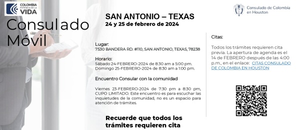 Encuentro con la comunidad y Consulado Movil se realizará del 23 al 25 de febrero de 2024 en San Antonio