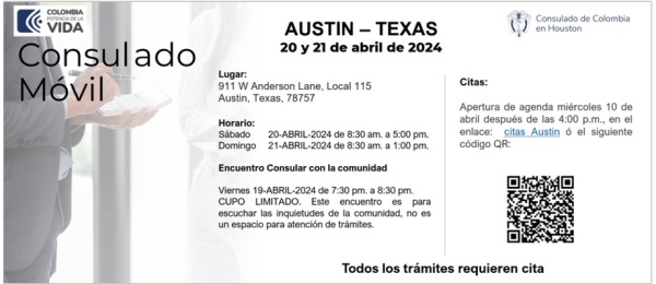 Consulado Móvil y encuentro Consular se realizarán en Austin – Texas del 19 al 21 de abril de 2024 