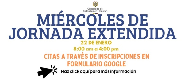Este miércoles 22 de enero de 2025 se realizará una jornada extendida en el Consulado de Colombia en Houston