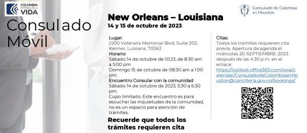 El Consulado de Colombia en Houston realizará un Encuentro Consular y un Consulado Móvil en New Orleans – Louisiana, del 13 al 15 de octubre de 2023