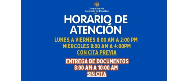 Recuerda el horario de atención al público en el Consulado de Colombia en Houston