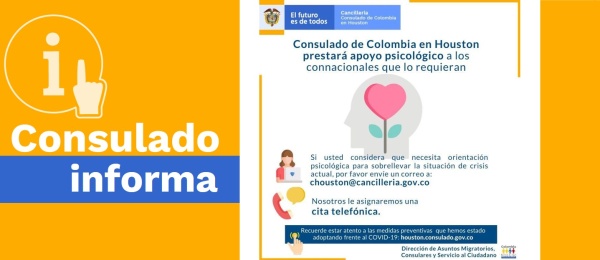 Consulado de Colombia en Houston prestará apoyo psicológico a los connacionales afectados por la crisis del COVID-19